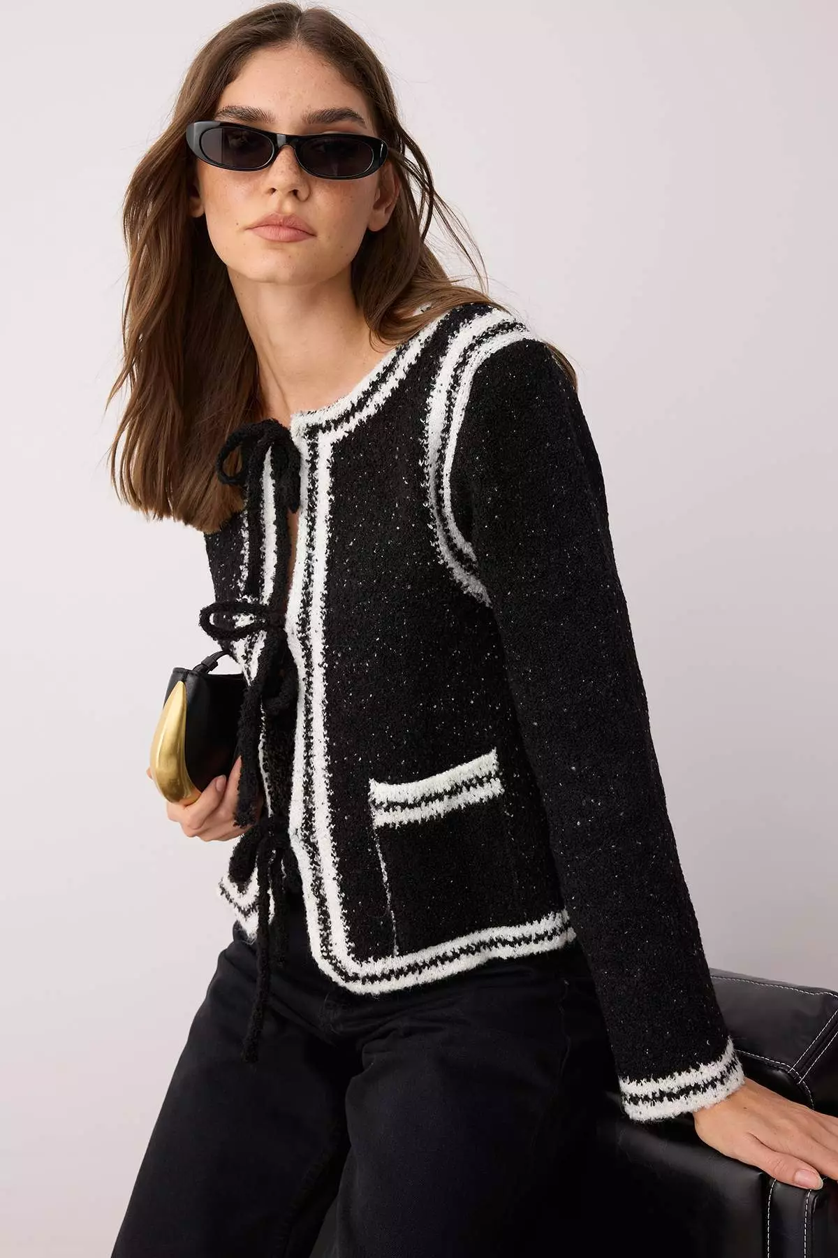 Black Block Processing Detailed Glitter Knitwear Cardigan