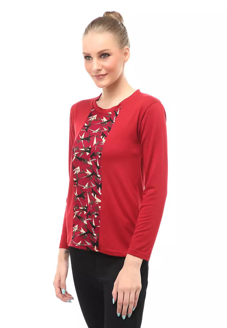 Kaos Atasan Wanita Long Sleeves Detail Motif Abstrak Slip On Style - Maroon