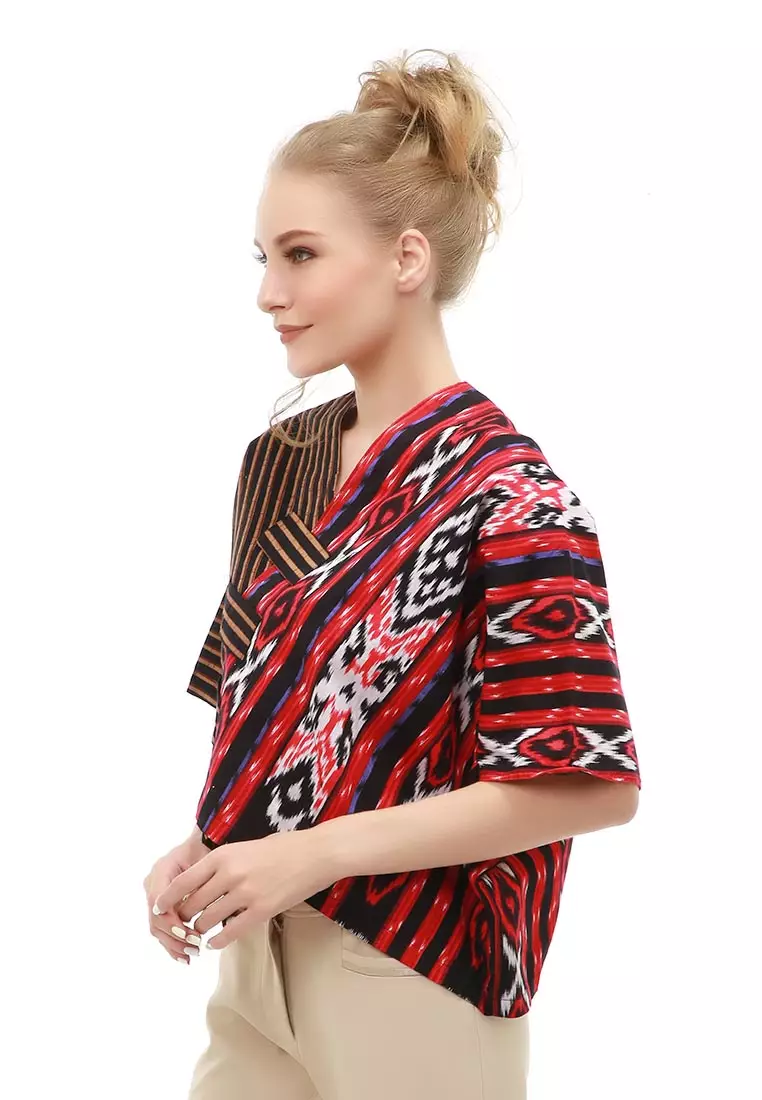 Lynelle Atasan Formal Wanita Blouse Crop Top Batik Songket Material Cotton ORIGINAL - Red