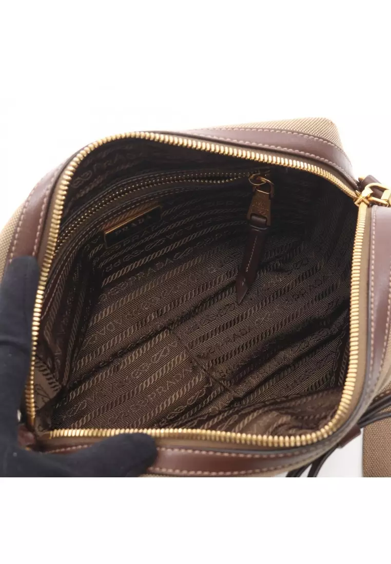 Pre-Loved Prada LOGO JACQUARD logo jacquard Shoulder bag canvas leather beige Dark brown