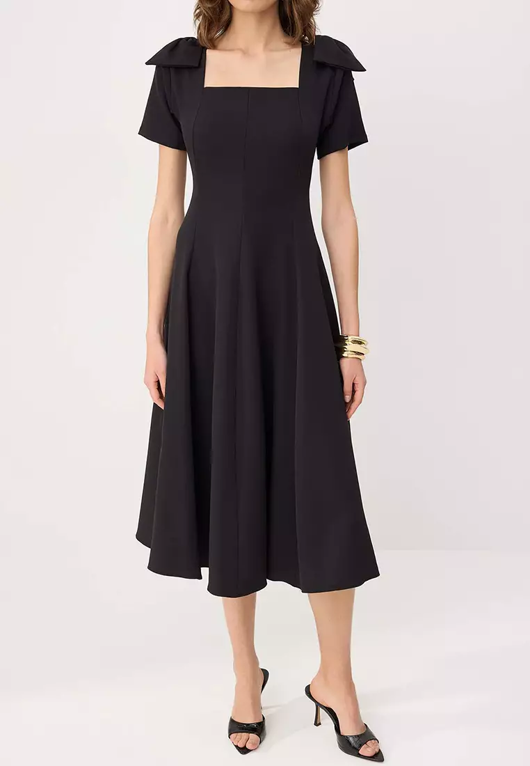 Black Plain Midi Woven Dress Twoss26El891