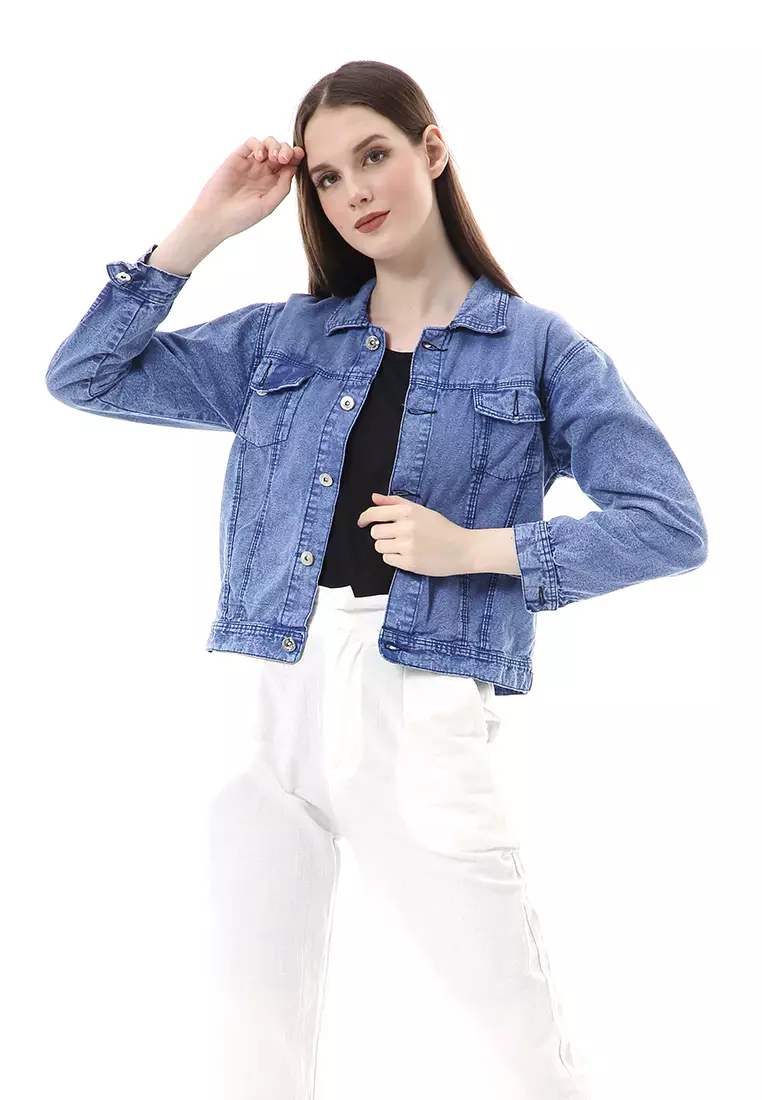 Bilah Jacket Jeans Biondy Atasan Wanita Crop All Size Premium Quality - Snow Blue