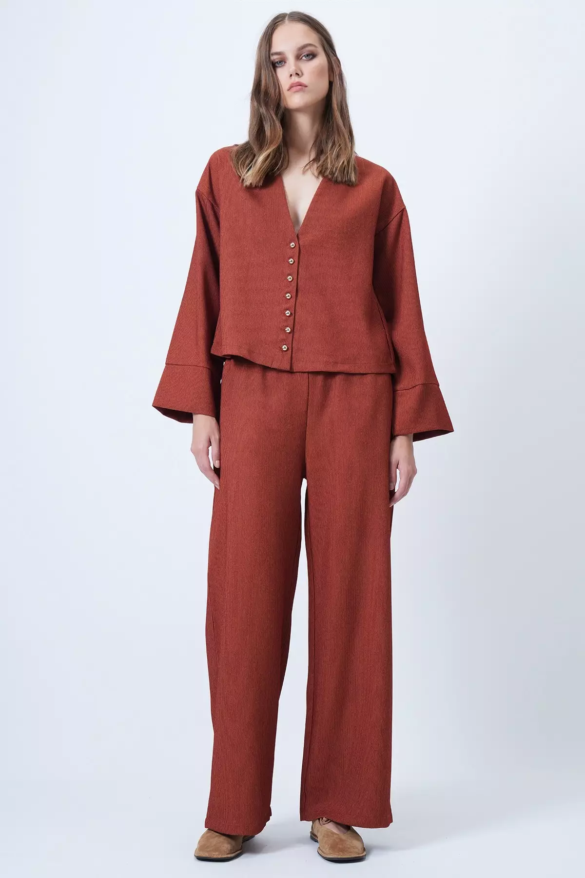 Kiremit Hakim Lapel Collar Gold Button Detailed Velvet Jacket And Palazzo Trousers Two-Piece Set Alc-X14633