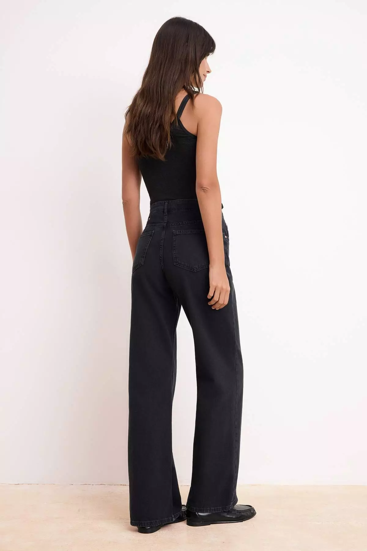 Black Drapey High Waist Seasonal 1% Cotton Long Length Wi Wide Leg Eans Twoss26Je127
