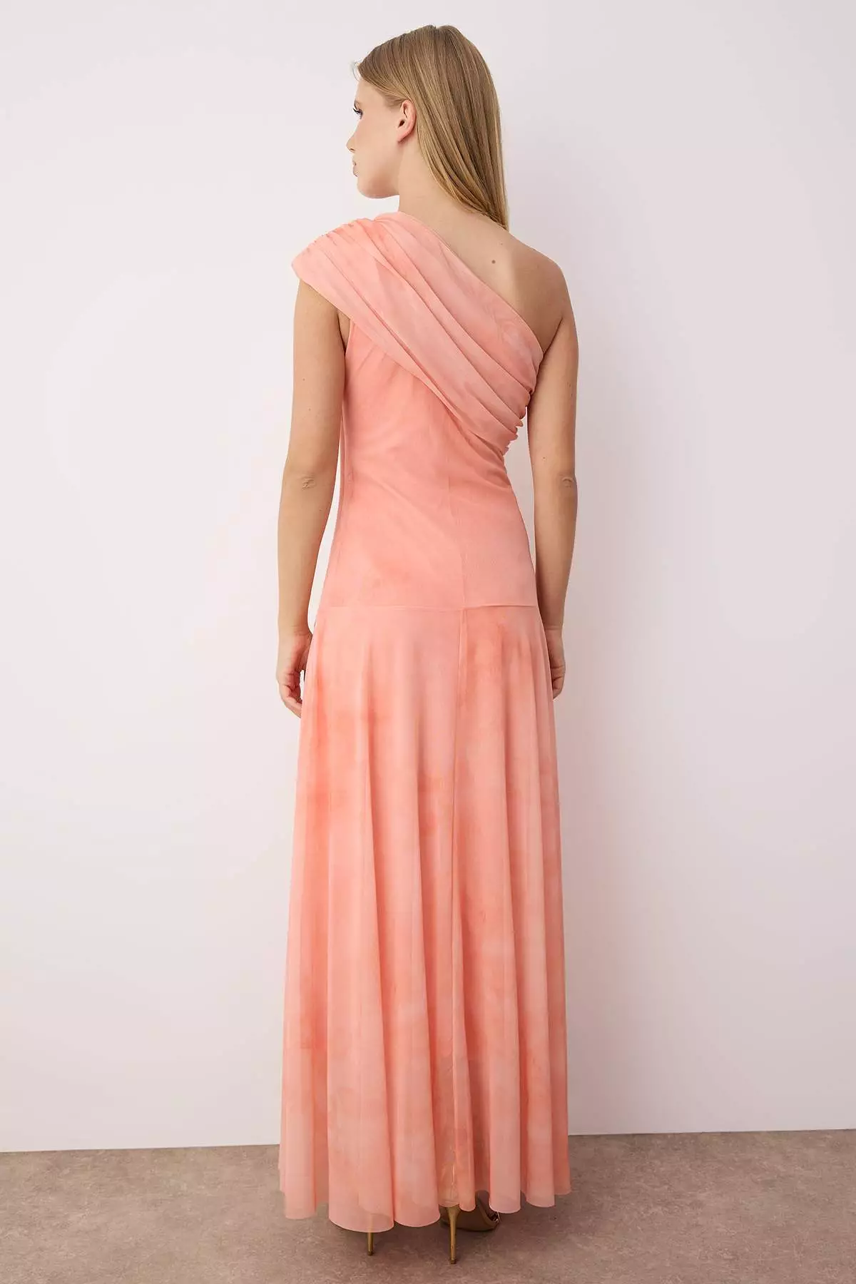 Light Orange Patterned Asymmetrical Collar Woven Maxi Evening Night Graduation Dress