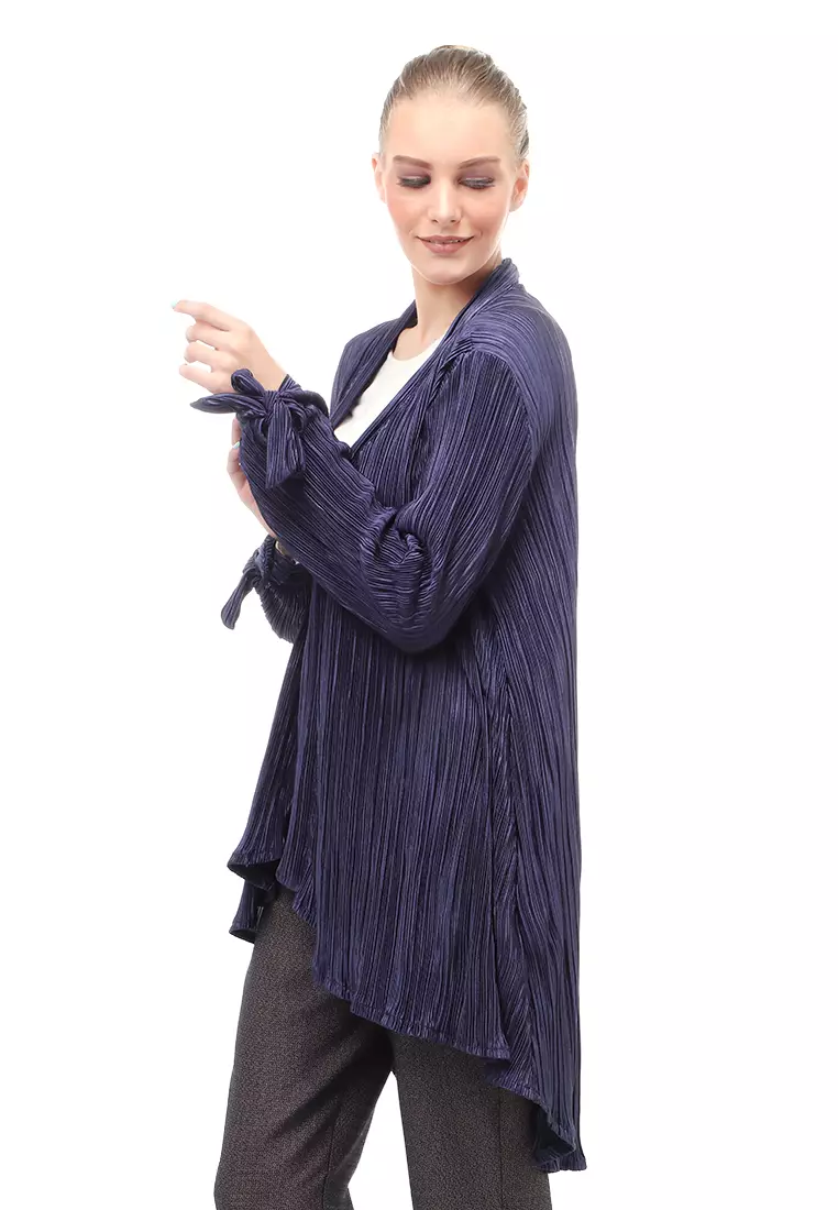 Sunniva Outerwear Wanita Long Sleeves Motif Plisket Model Asimetris Relaxed Fit - Navy