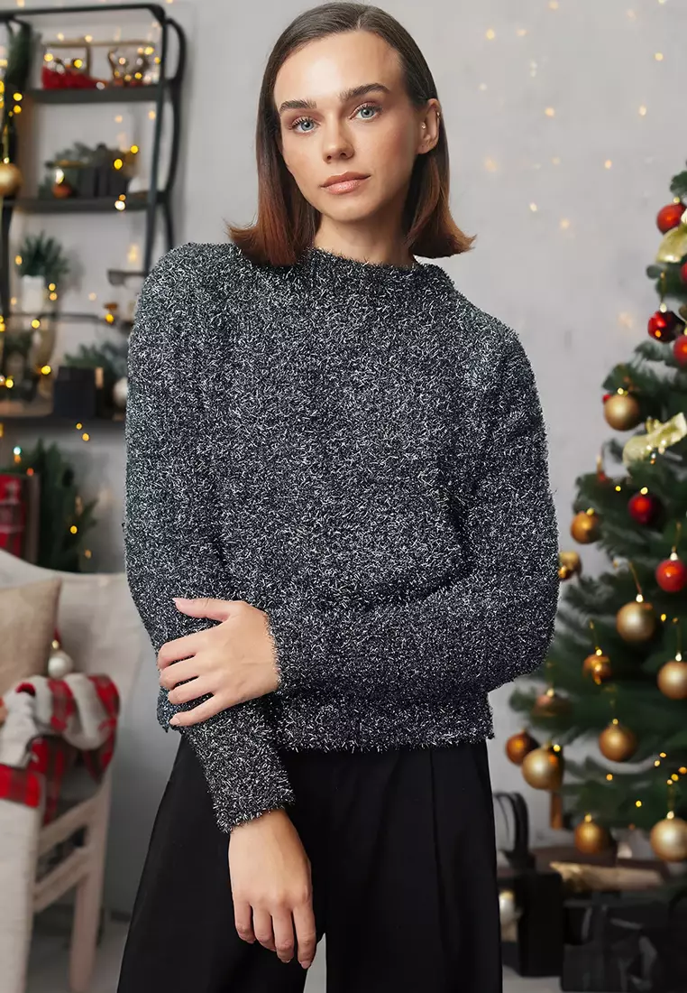 New Year's Themed Anthracite Glitter Knitwear Sweater