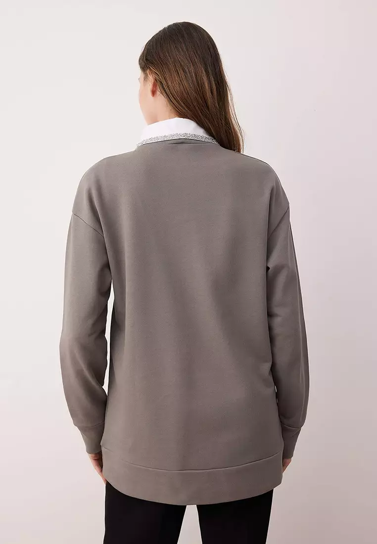Anthracite Detachable Collar Stone Detailed 3 Thread Knitted Sweatshirt