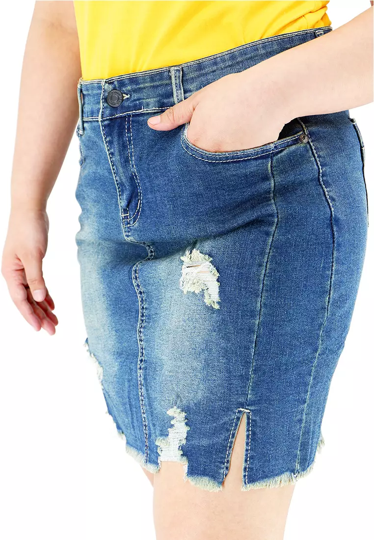 Buy Balaynor Distressed Denim Skirt with Slit 2024 Online ZALORA
