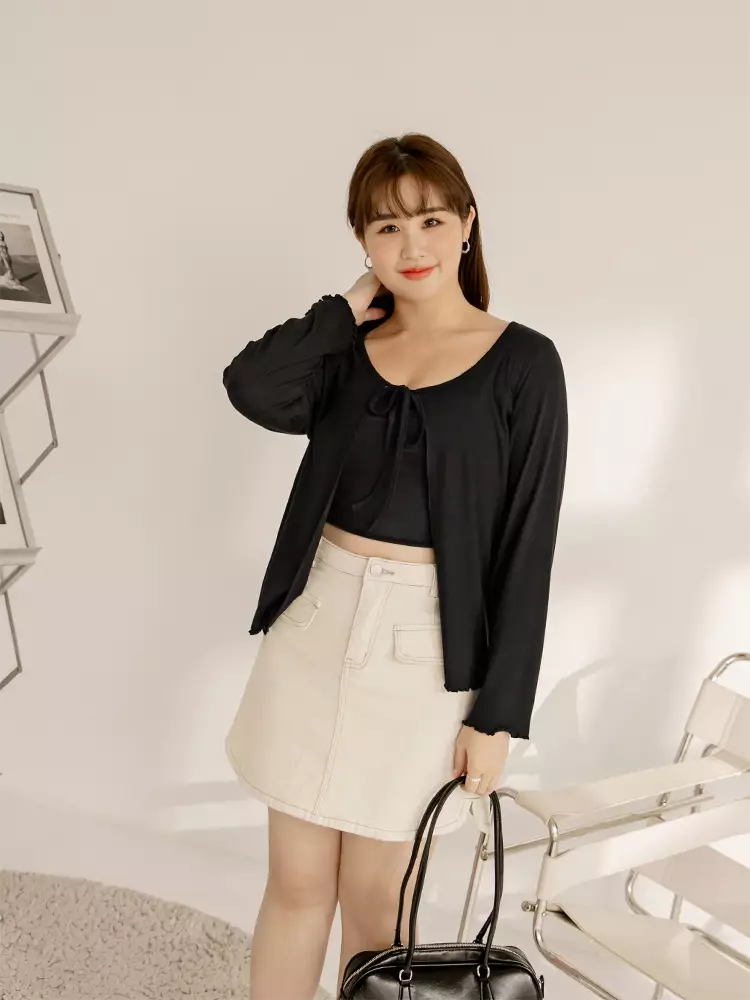 Elastic striped tie-front long-sleeve overlay top [EA3663]