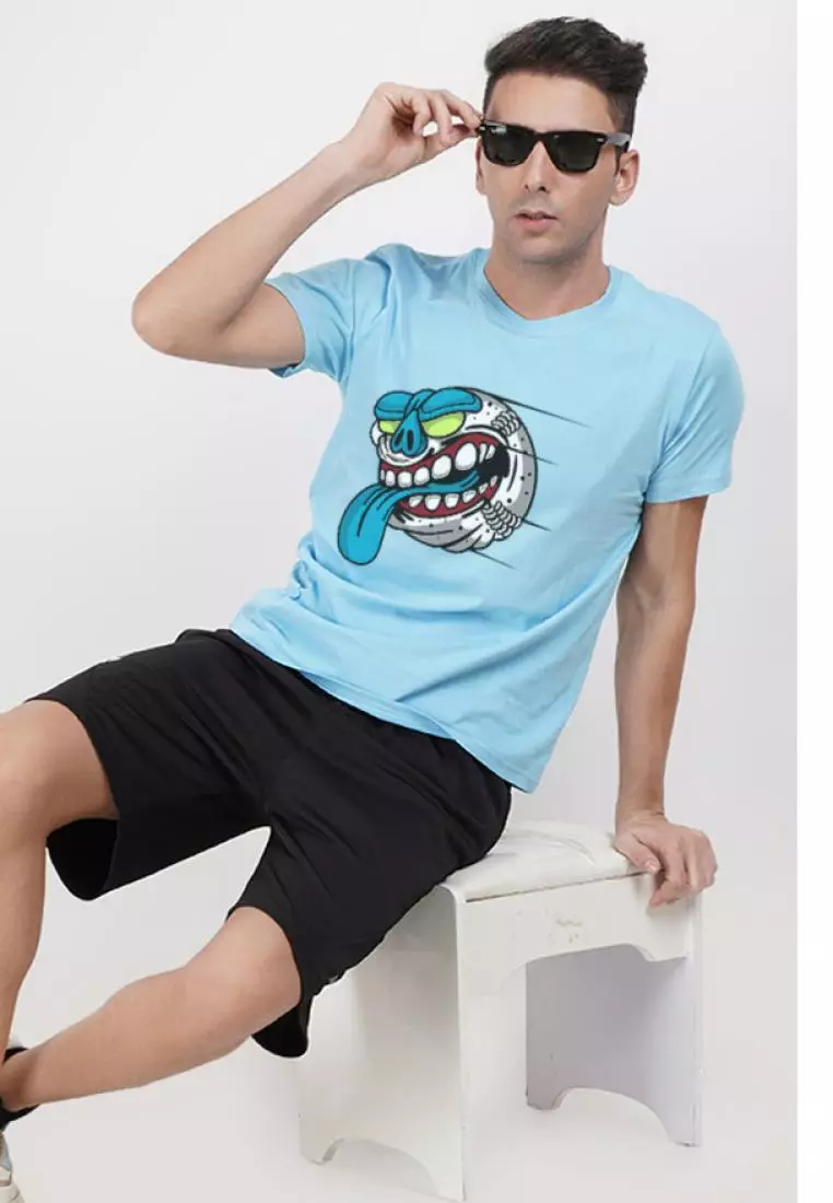Baseball Graphic Aqua Blue  Cotton Short Sleeve Essential/Workout T-Shirt