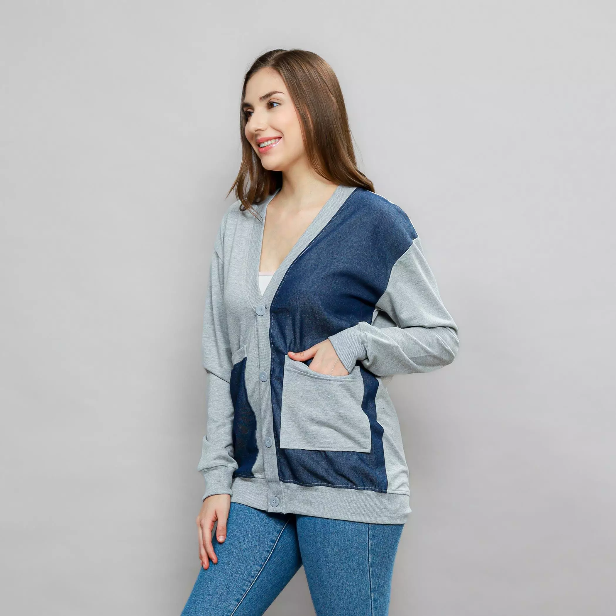 Enough For Today - Sweater Cardigan Motif Jeans Blue Denim Abu Misty Bahan Katun Babyterry Outer Denim Wanita Jaket Blazer
