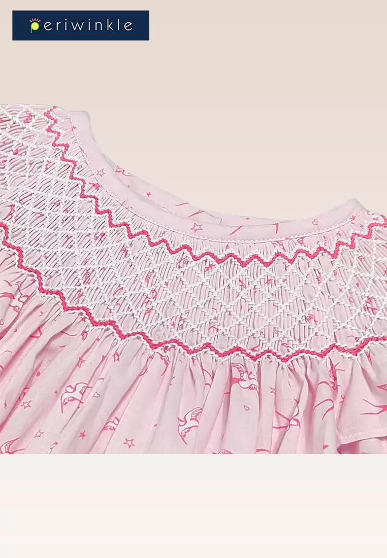 Holly Baby Girls Light Pink Printed Raglan Smocked Dress With Diaper Cover