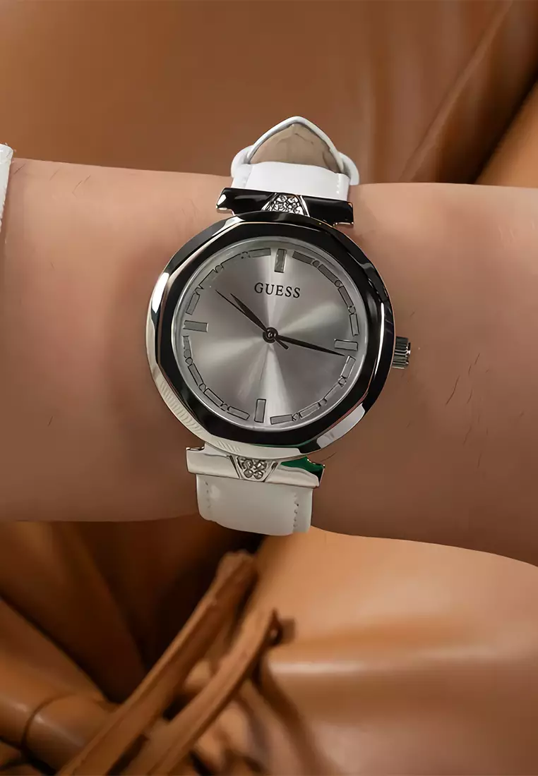 Guess Ladies Watch Rumour Jam Tangan Analog Wanita - Silver Case White Leather Strap - GW0689L1