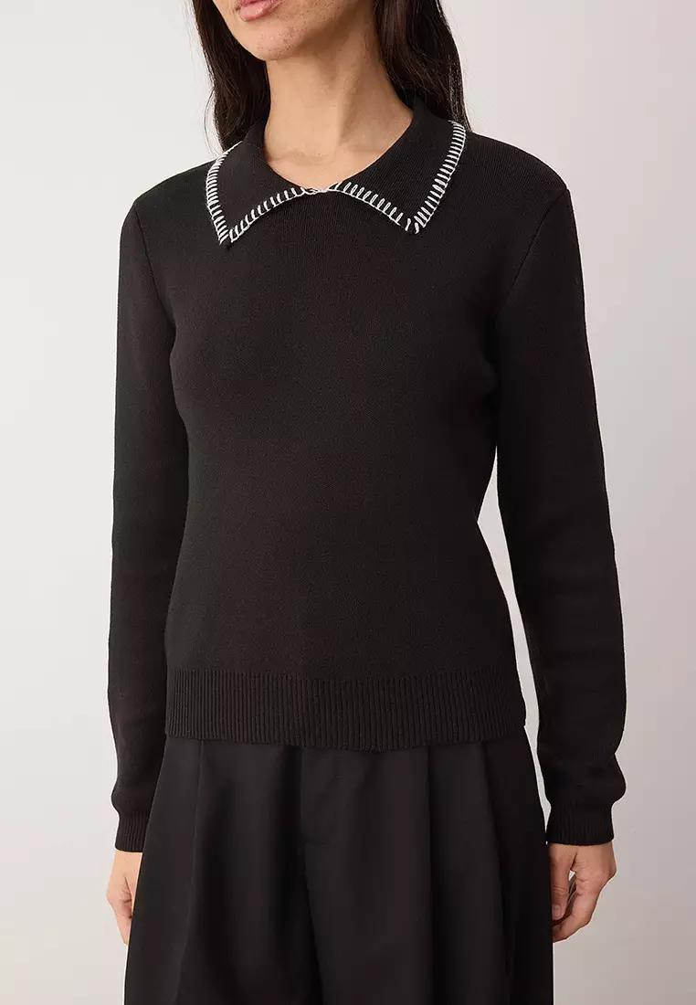 Black Cotton Content Collar Stitching Detail Knitwear Sweater Twoaw26Kz24