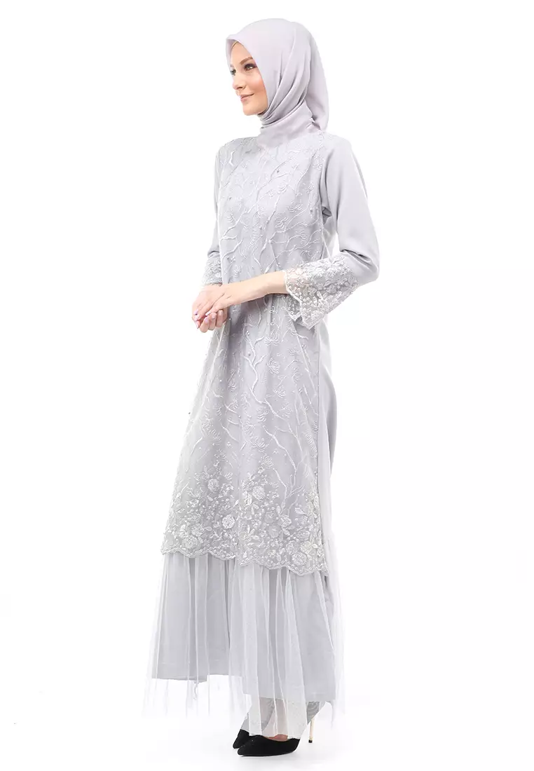 Diana Gamis Brukat Wanita Muslimah Lapis Moscrepe Premium Quality - Grey