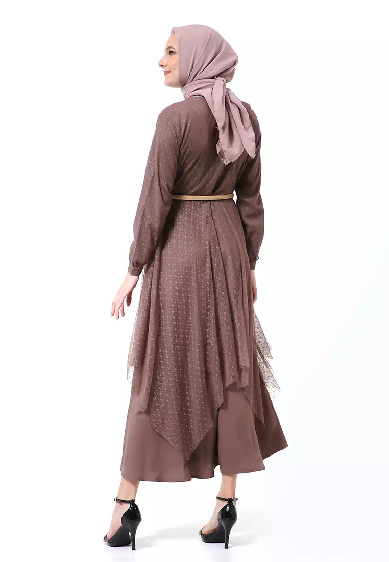 Zahwa Long Dress Gamis Muslimah Long Sleeve Free Belt High Quality - Oak Brown