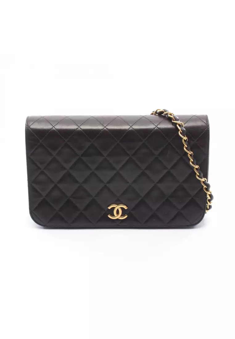 Pre-Loved Chanel matelasse full flap chain shoulder bag lambskin black gold hardware push lock