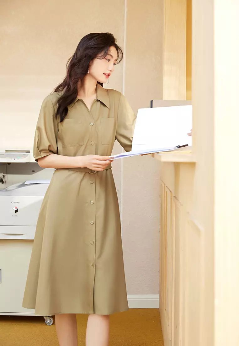 Puff Sleeve Smart Casual Dress with Belt