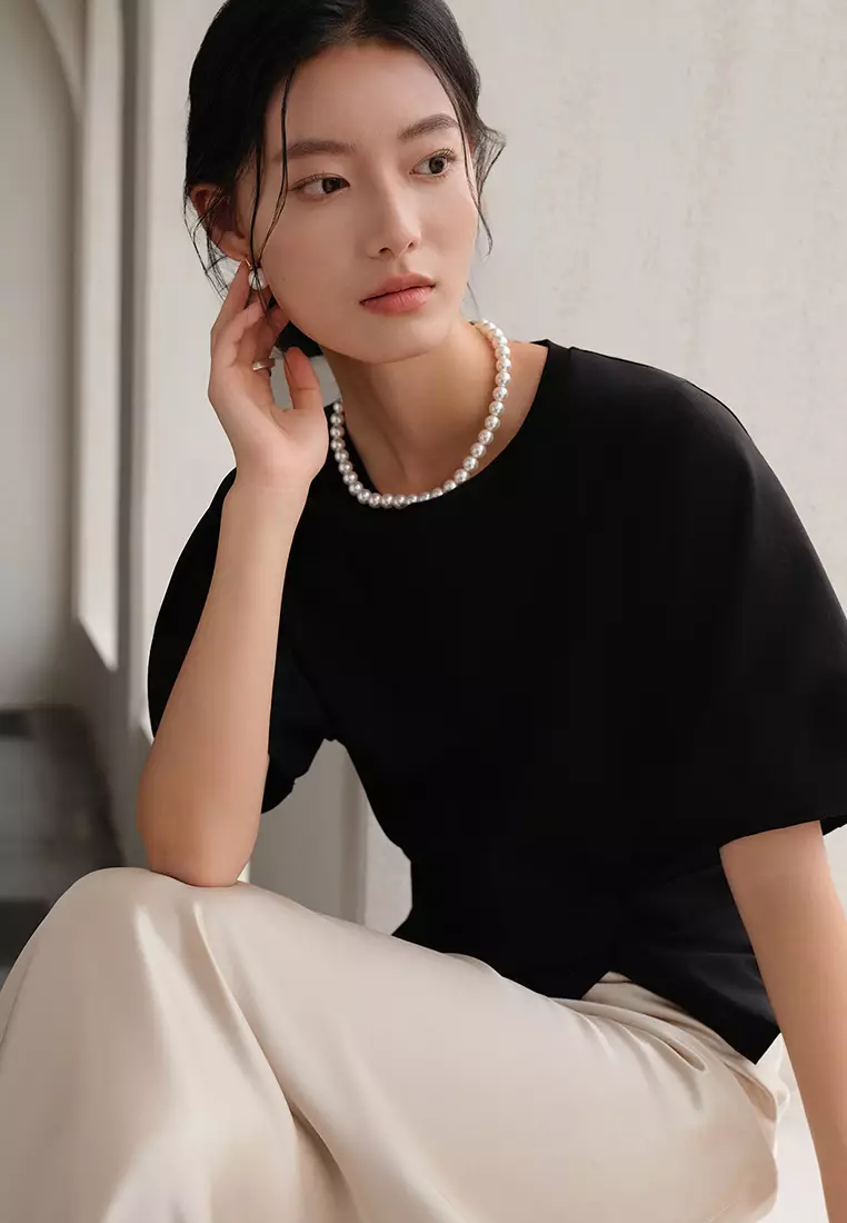 Summer knitted unique waist puff sleeve top CA25061716BK