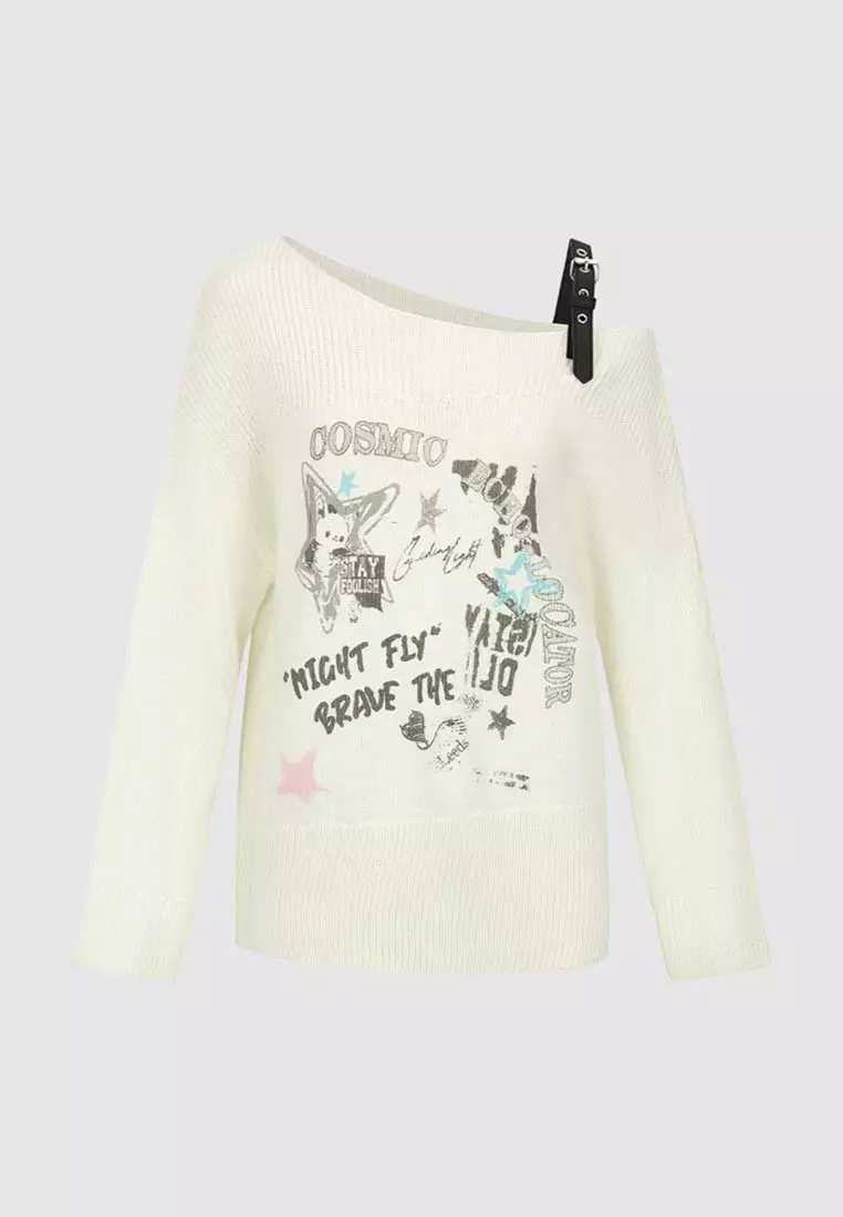 Asymmetric Neck Cat Graphic Print Off Shoulder Loose Knit Top