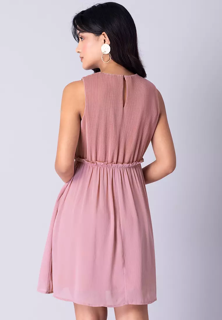 Pink Pleated Waist Frill Mini Dress