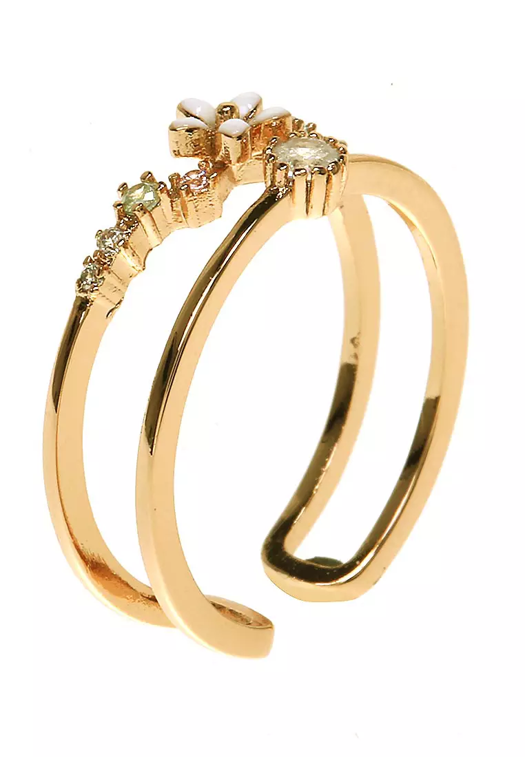 Cincin Wanita Rhodium Motif Bunga Look Elegant Premium Quality - Emas