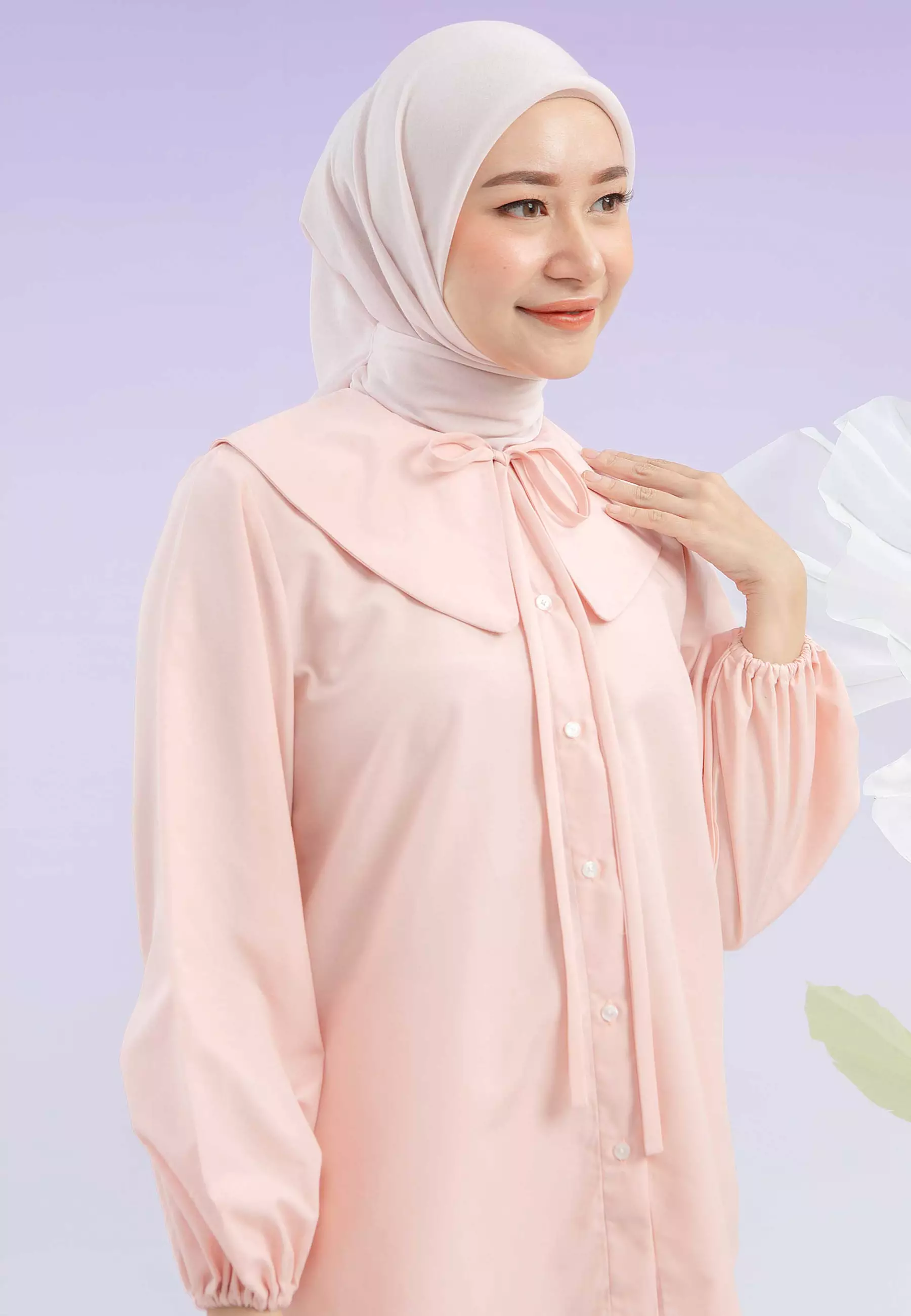 HijabChic Kikan Peach Pink Top - Baju Kemeja Polos Katun Premium Lembut Kerah Lengkung Pita Cantik Busui