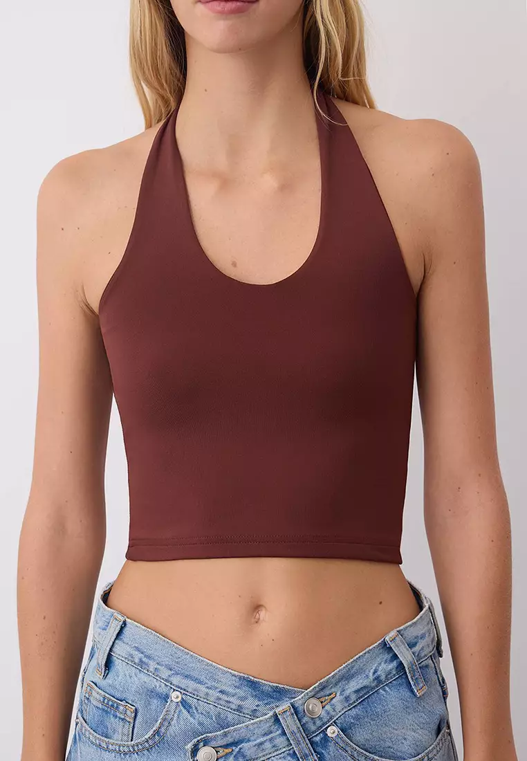 Yellow-Brown Neckline Crop Stretchy Knit Blouse Twoaw26Bz00251