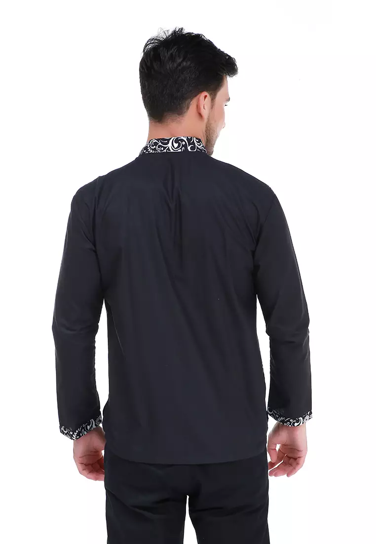 Dwan Kemeja Batik Pria Simple Atasan Formal Longsleeve Shirt Material Cotton ORIGINAL - Black