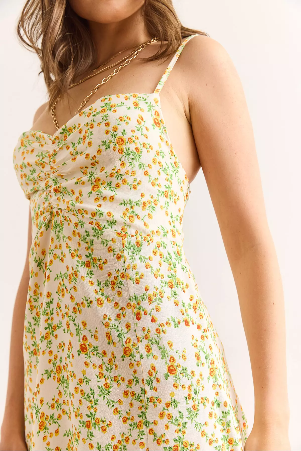 Women's Ecru Orange Strap Adjustable Front Gathered Woven Viscose Dress Elb-19002438