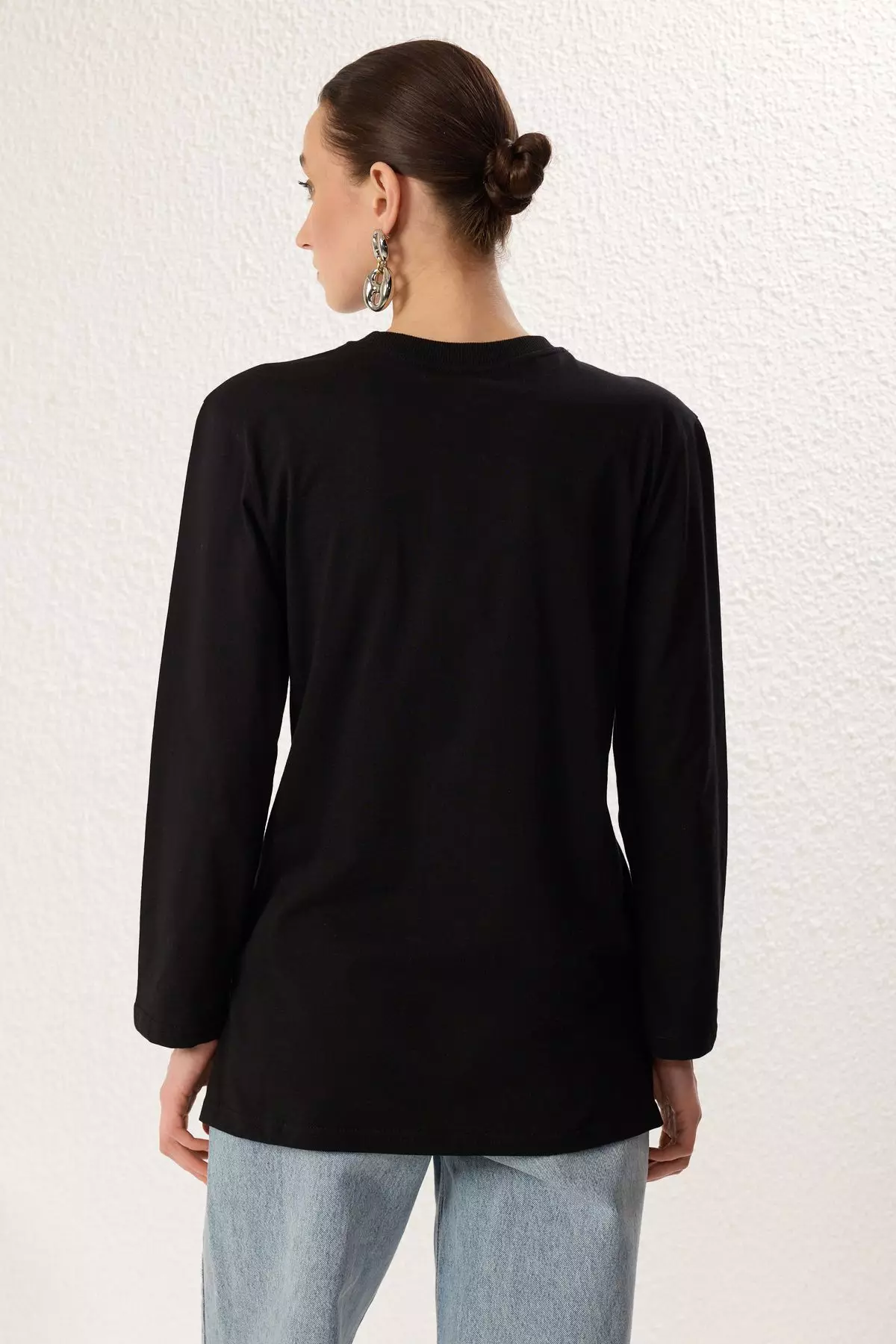 Black Beige Long Sleeve Slit Detailed Knitted T-Shirt TCTSS25RT00000