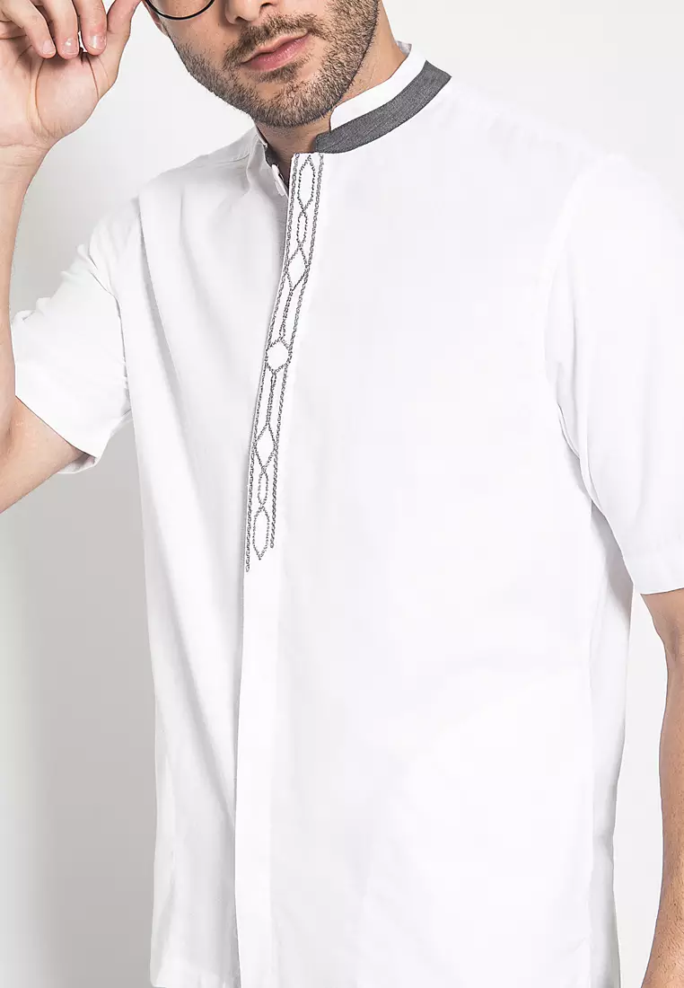 LGS - Baju Koko - Aksen Putih - Bordir - Putih - Slim Fit