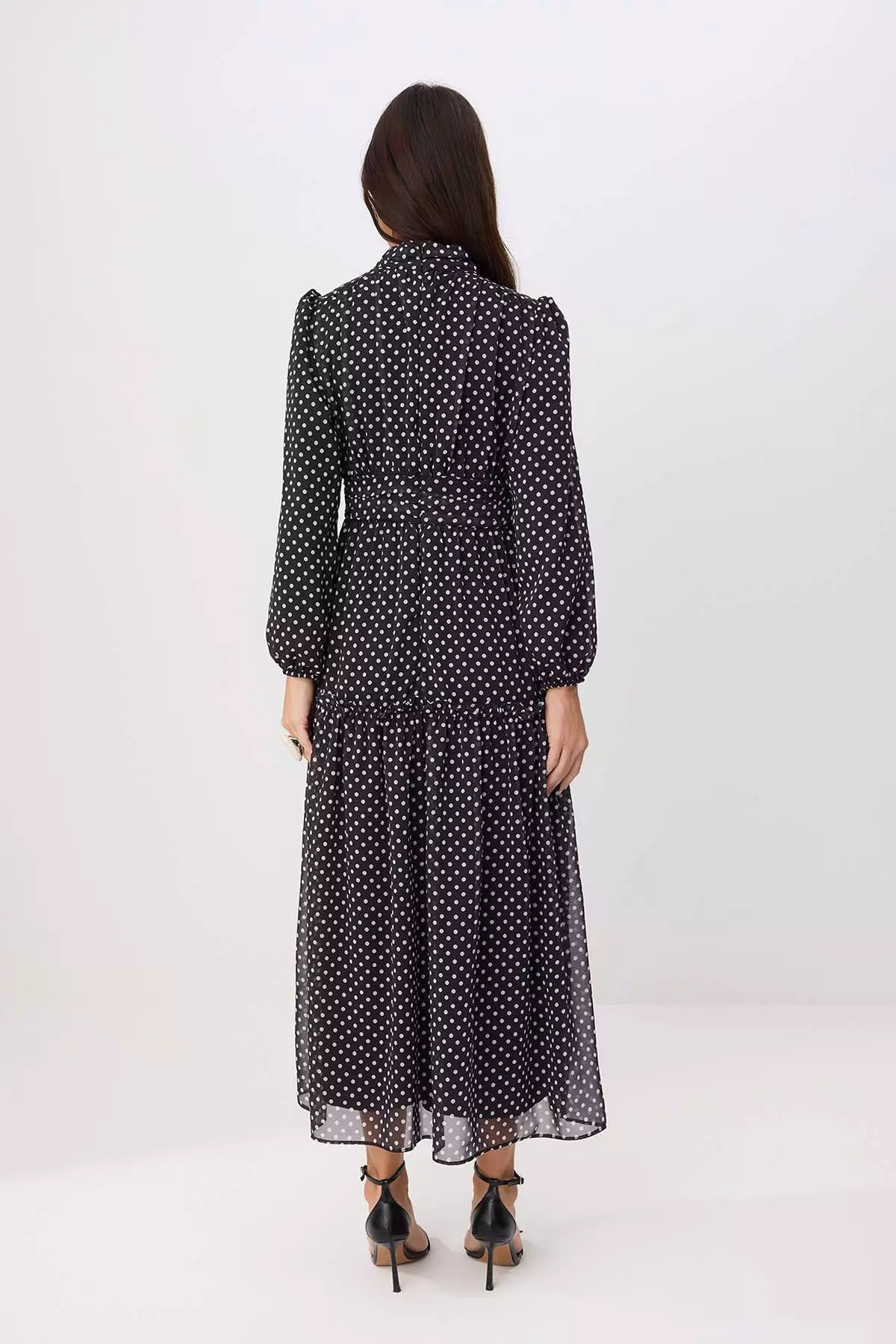 Black-White Lined Polka Dot Woven Chiffon Hijab Dress Tctss25Eb00063