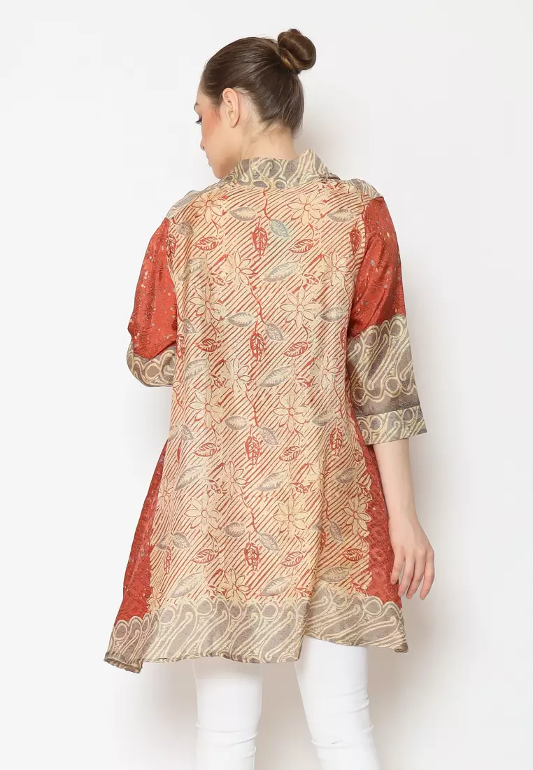 Rinjanie Batik - Blouse Batik Kalong Kerah Terracota - Batik Tuntrum mix Megamendung Modern - Blouse Batik Wanita Kekinian - Atasan Batik Wanita - Batik Kantor - Batik Cap - XSAU - TR