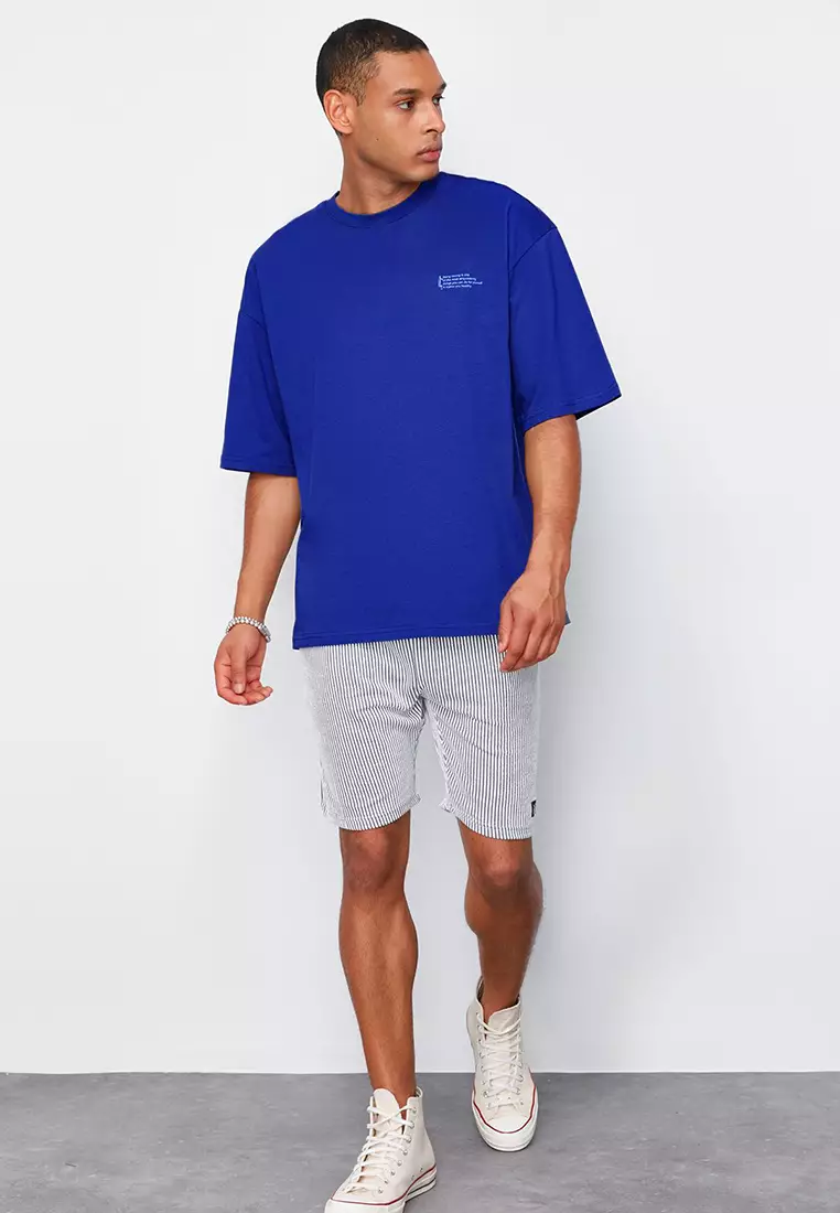Saks Oversize 100% Cotton Crew Neck Minimal Text Printed T-shirt TMNSS23TS00084