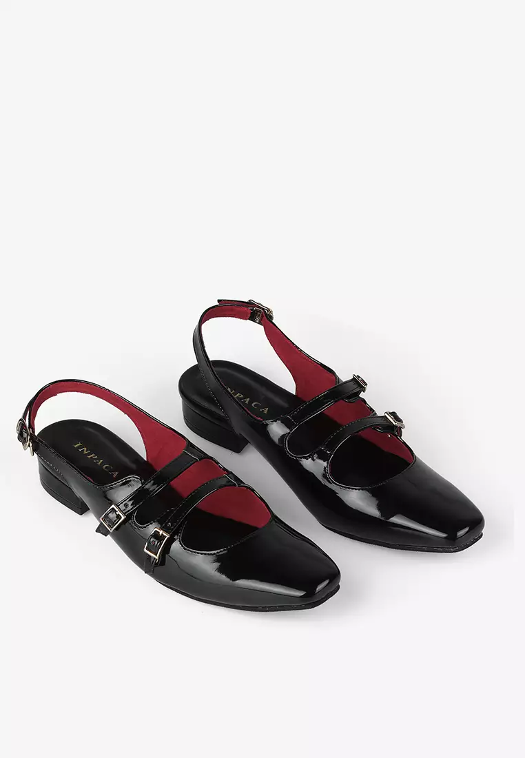 Emily Mary Jane Flat Shoes with Sling Back in Black
