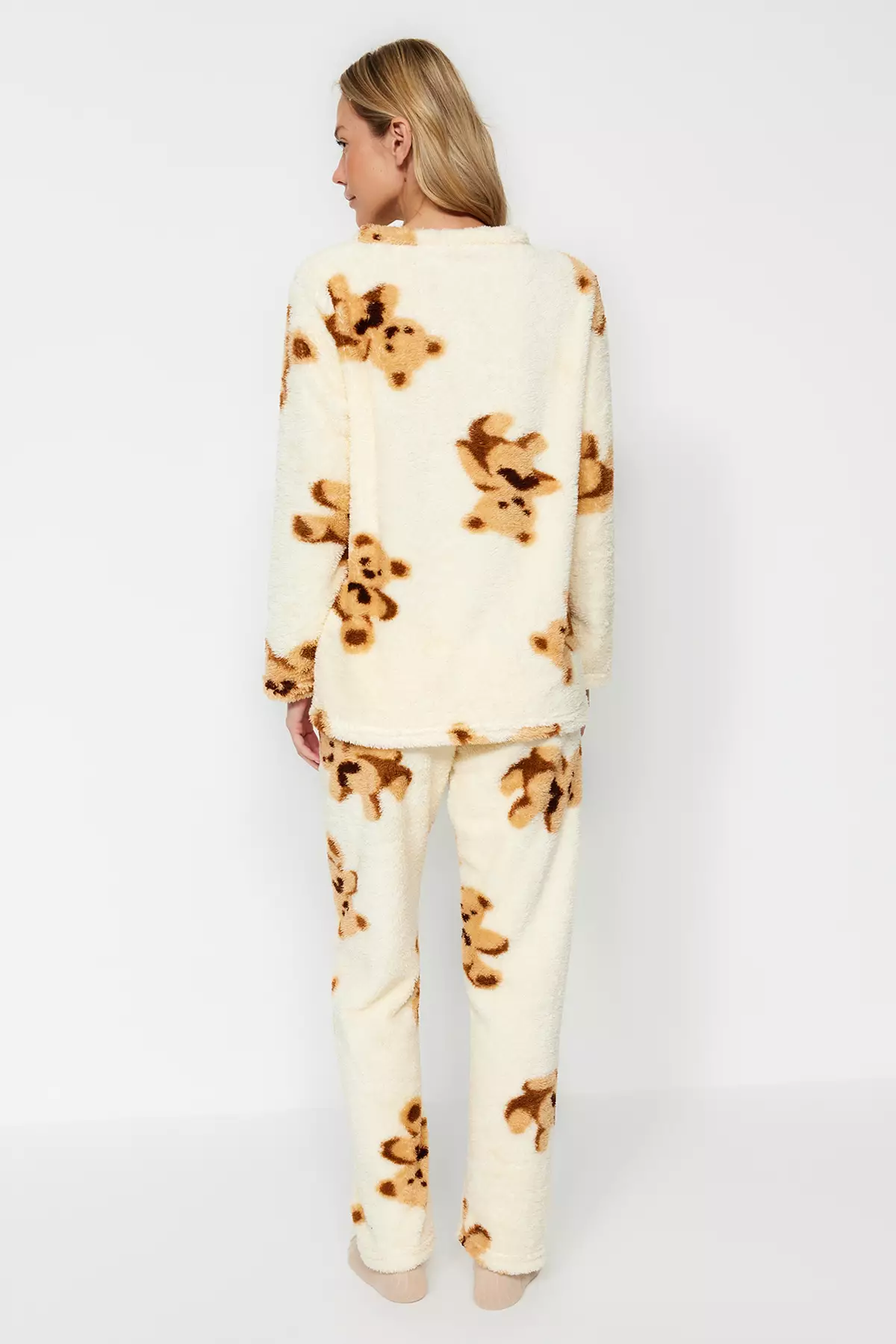 Ecru Multied Teddy Bear Wellsoft Winter Knitted Pajamas Set