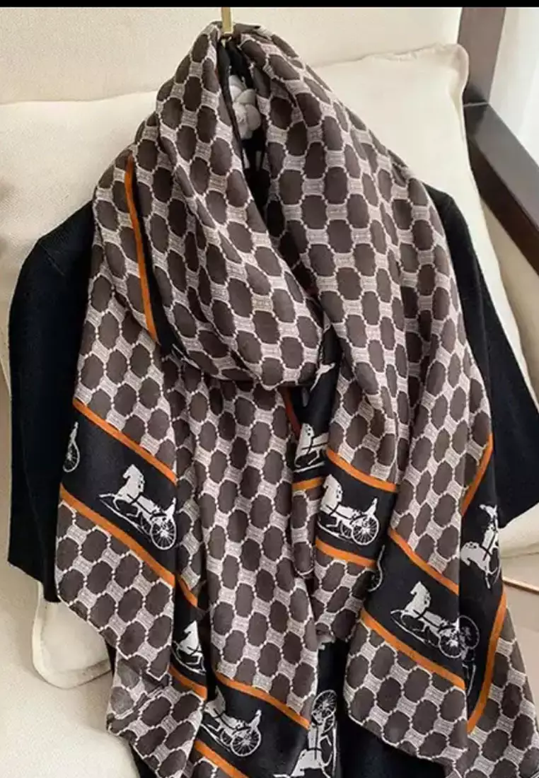 Women's Accessories Carriage Border Viscose Shawl Syal Wanita Orange