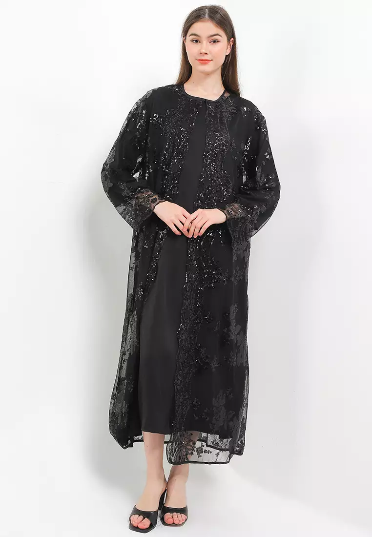 L/S Sequined Emb Mesh Outer With Separate Inner Dress
