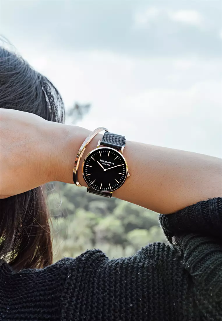 中性休闲表 男女通用 現代風格 38mm黑色圓形表盤黑色不鏽鋼網狀表帶-黑色