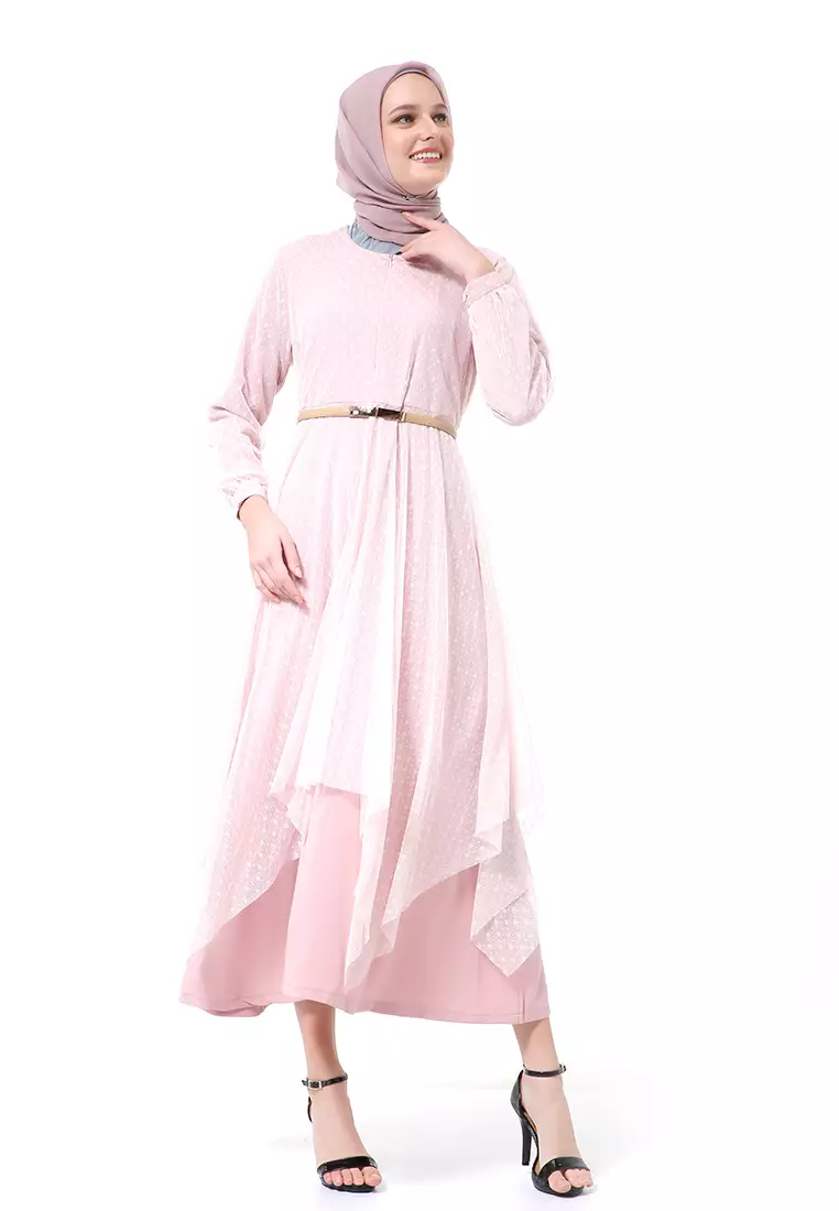 Zahwa Long Dress Gamis Muslimah Long Sleeve Free Belt High Quality - Pink
