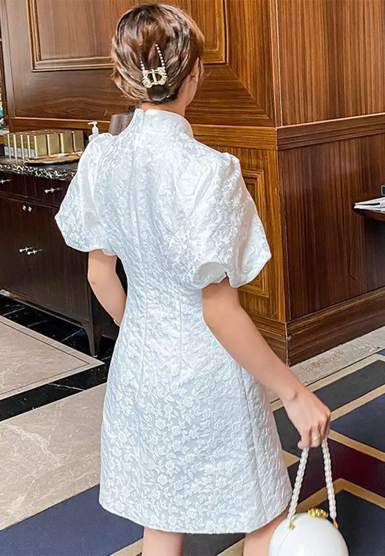 Elegant retro satin printed puff sleeve cheongsam dress CA122713