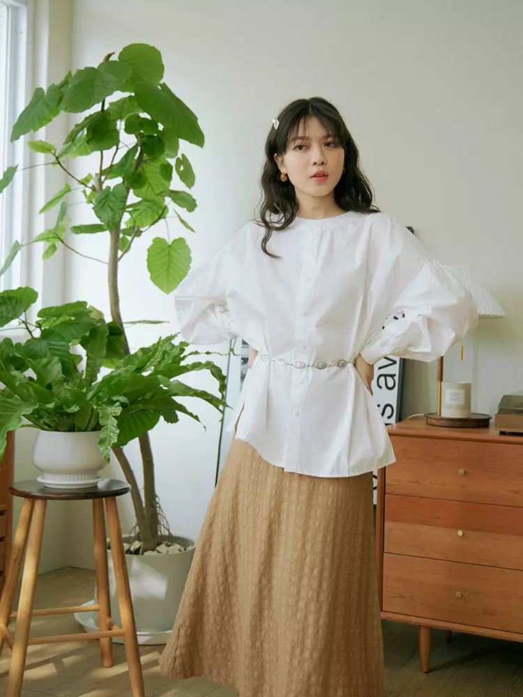 日系立體織紋腰鬆緊A字長裙《CA2976》