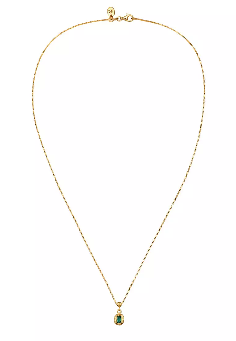 Kalung Perhiasan Perak 925 Wanita Rectangle Synthetic Emerald Green Gold Plated