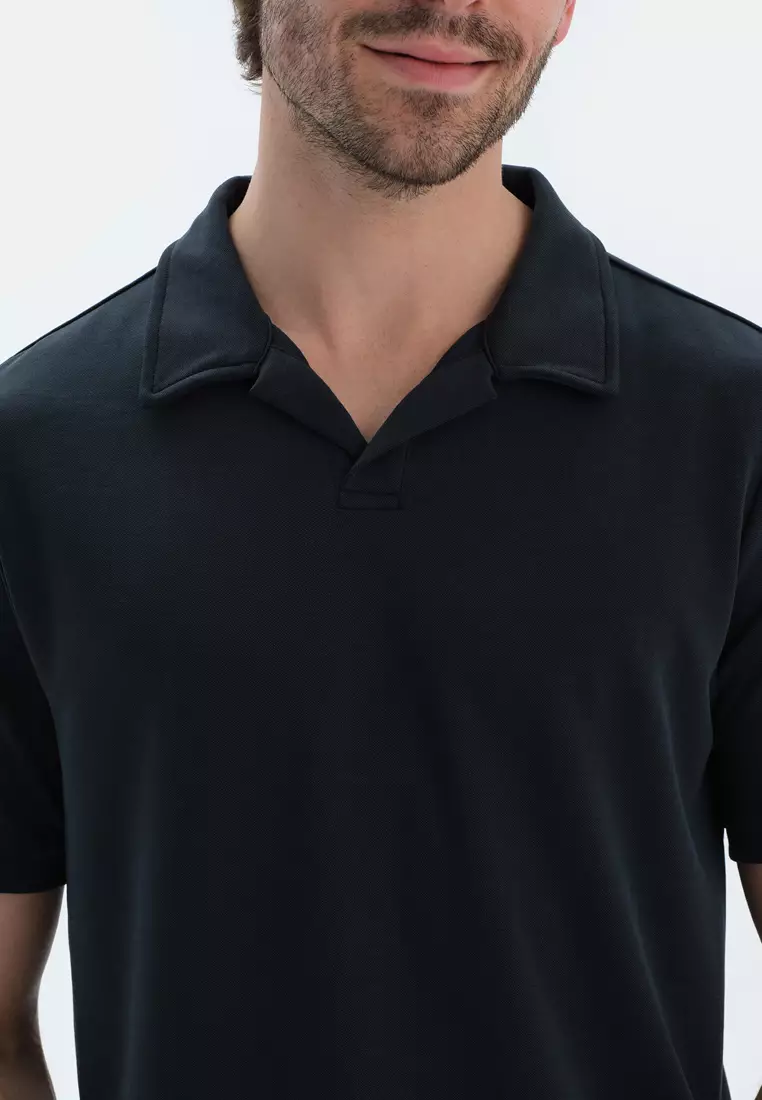Black T-Shirt, Polo Neck, Regular, Short Sleeve Loungewear for Men