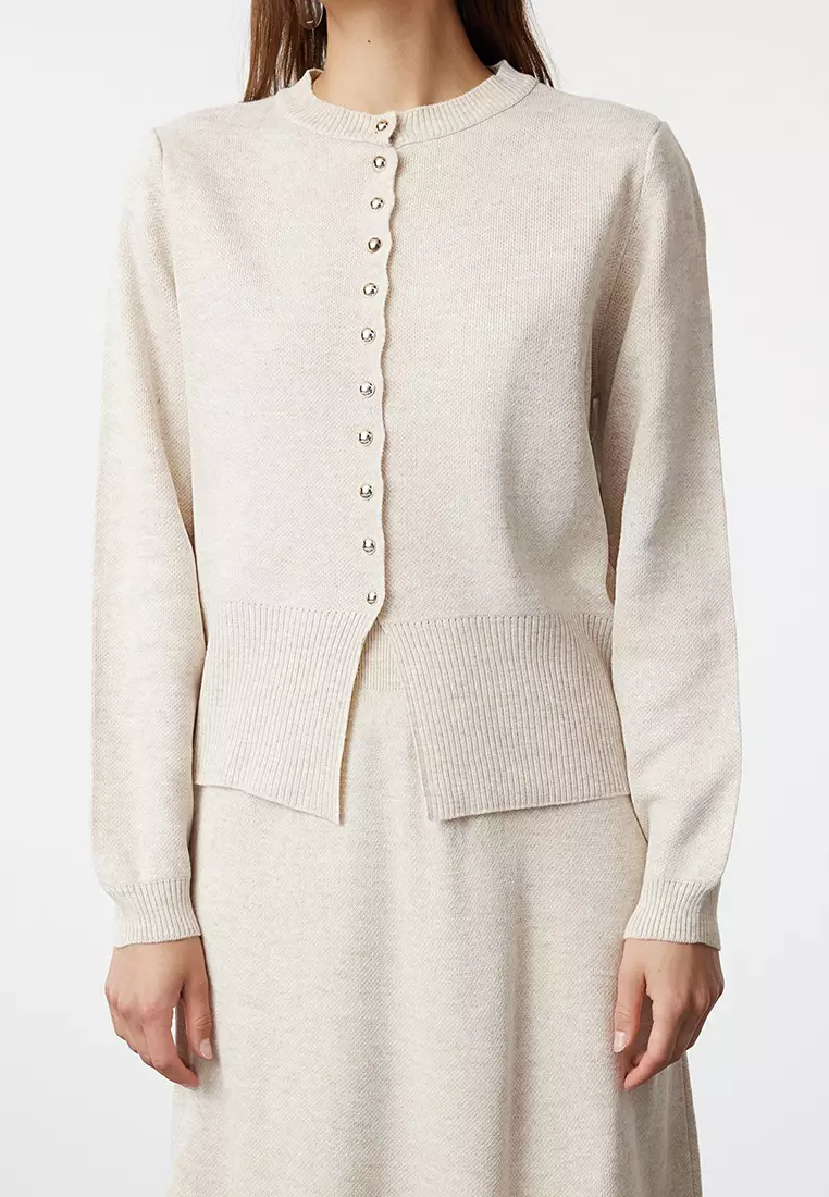 Stone Button Detailed Knitwear Cardigan Skirt Bottom-Top Set TCTAW25US00014