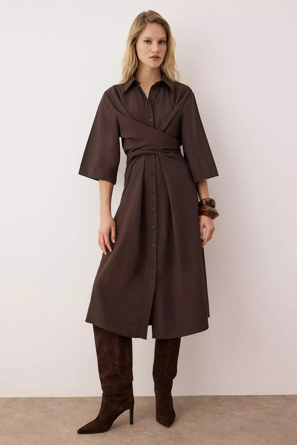 Body Unselective Dark Brown Waist Belt Detailed Woven Dress Twoaw26El243