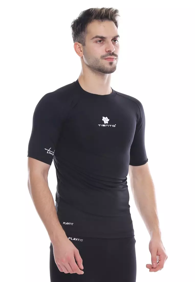Tiento Man Baselayer Baju Ketat Manset Olahraga Pria Short Sleeve Black White Rashguard Sport Original