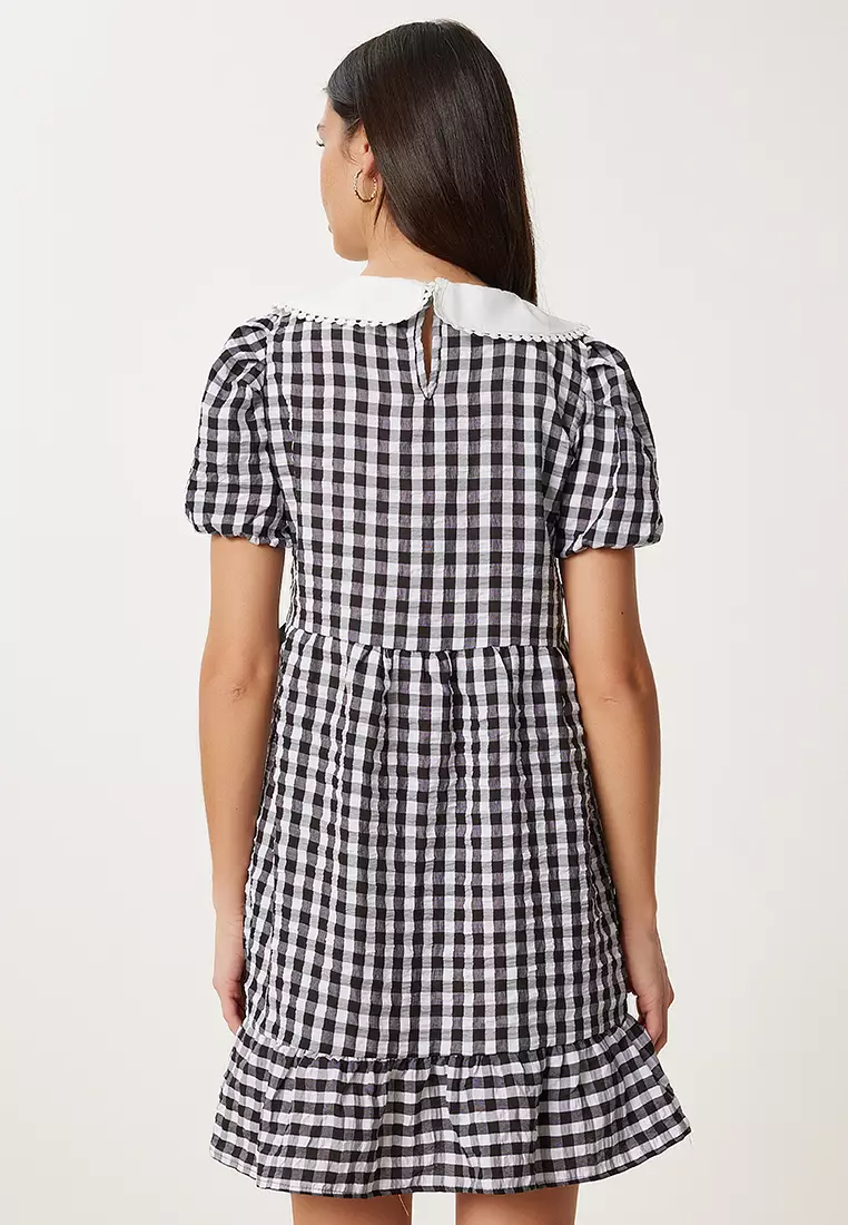 Women's Black Checkered Summer Mini Woven Dress Tp00058